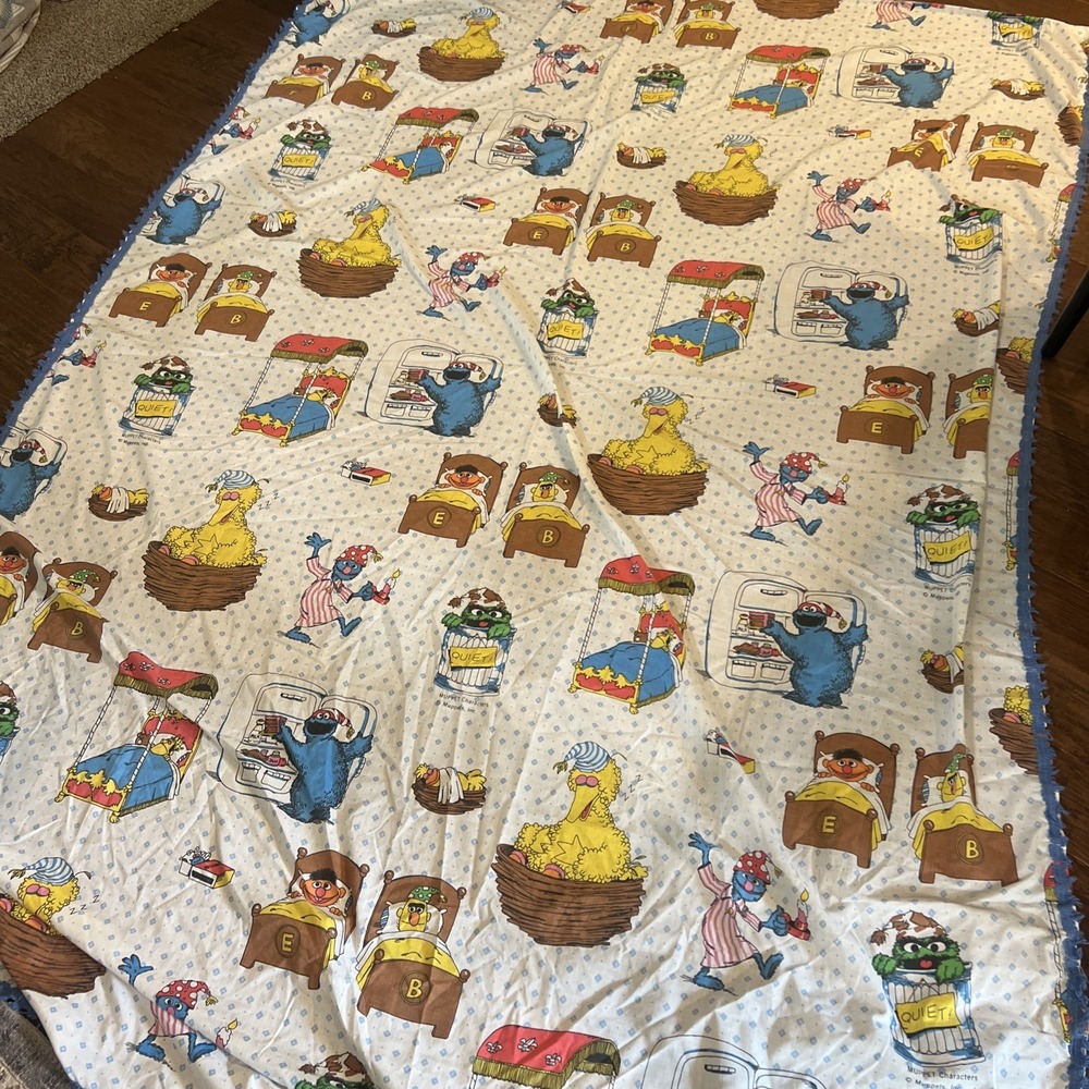 Vintage Sesame Street Muppets Flat Sheet 72x90" Bert Ernie Big Bird Fabric